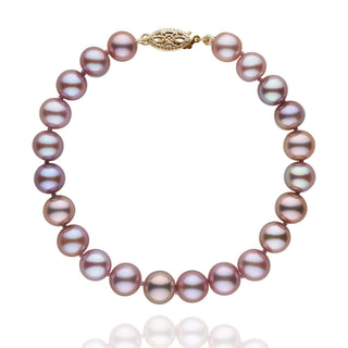 7.5-8.0 mm AAA Lavender Freshwater Pearl Bracelet featuring lustrous round lavender pearls with a decorative gold clasp, perfect for elegant and timeless style.