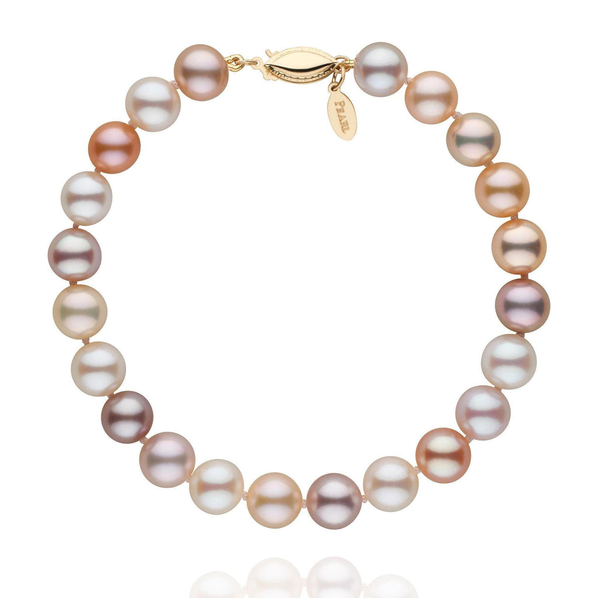 7.5-8.0 mm Multicolor Freshadama Pearl Bracelet featuring a strand of round multicolor freshwater pearls with a yellow gold clasp, showcasing soft pastel shades of pink, lavender, and cream.