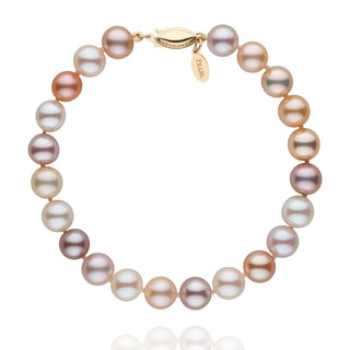 7.5-8.0 mm Multicolor Freshadama Pearl Bracelet featuring a strand of round multicolor freshwater pearls with a yellow gold clasp, showcasing soft pastel shades of pink, lavender, and cream.