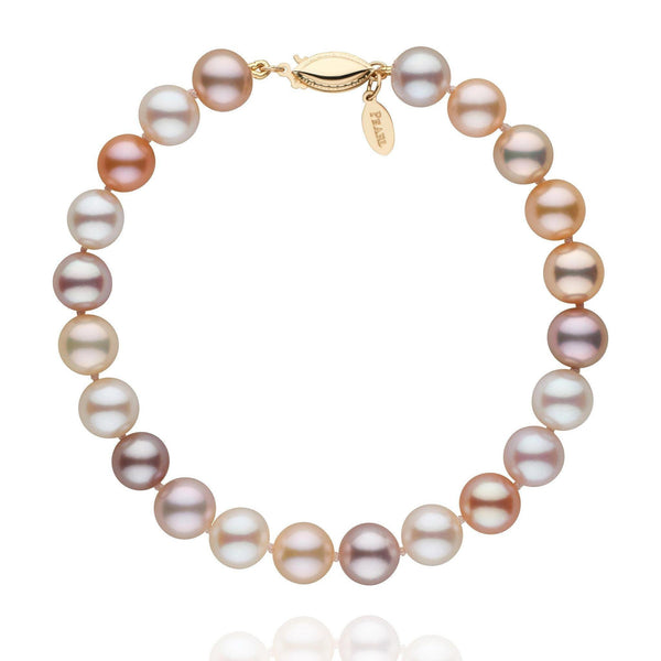 7.5-8.0 mm Multicolor Freshadama Pearl Bracelet featuring a strand of round multicolor freshwater pearls with a yellow gold clasp, showcasing soft pastel shades of pink, lavender, and cream.