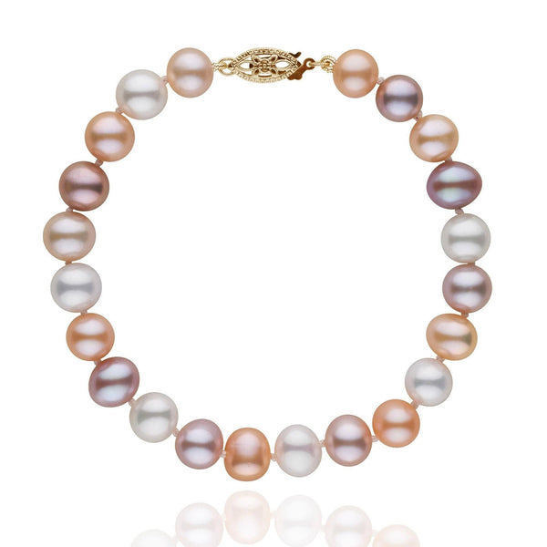 7.5-8.0 mm Multicolor Freshwater AA+ Pearl Bracelet featuring a strand of round freshwater pearls in soft white, lavender, pink, and peach tones with a decorative gold clasp.