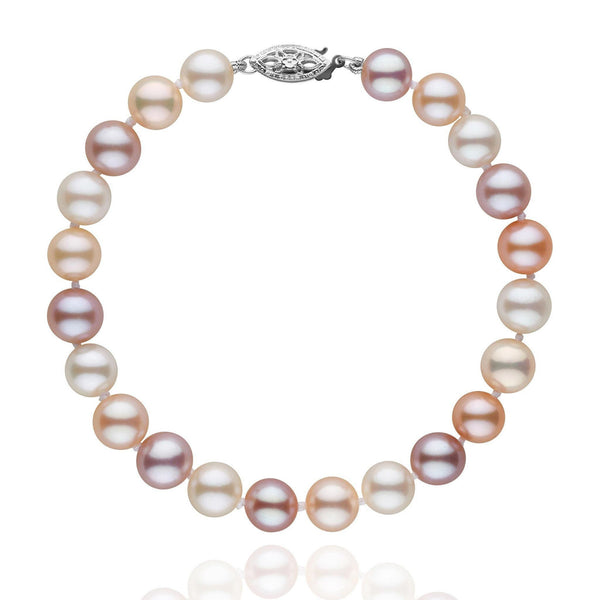 7.5-8.0 mm Multicolor Freshwater AAA Pearl Bracelet featuring a strand of lustrous cultured pearls in soft shades of white, pink, lavender, and peach with a decorative clasp.