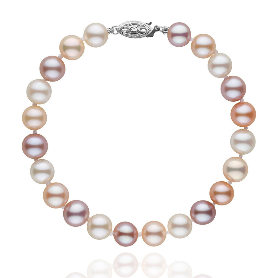 7.5-8.0 mm Multicolor Freshwater AAA Pearl Bracelet featuring a strand of lustrous cultured pearls in soft shades of white, pink, lavender, and peach with a decorative clasp.