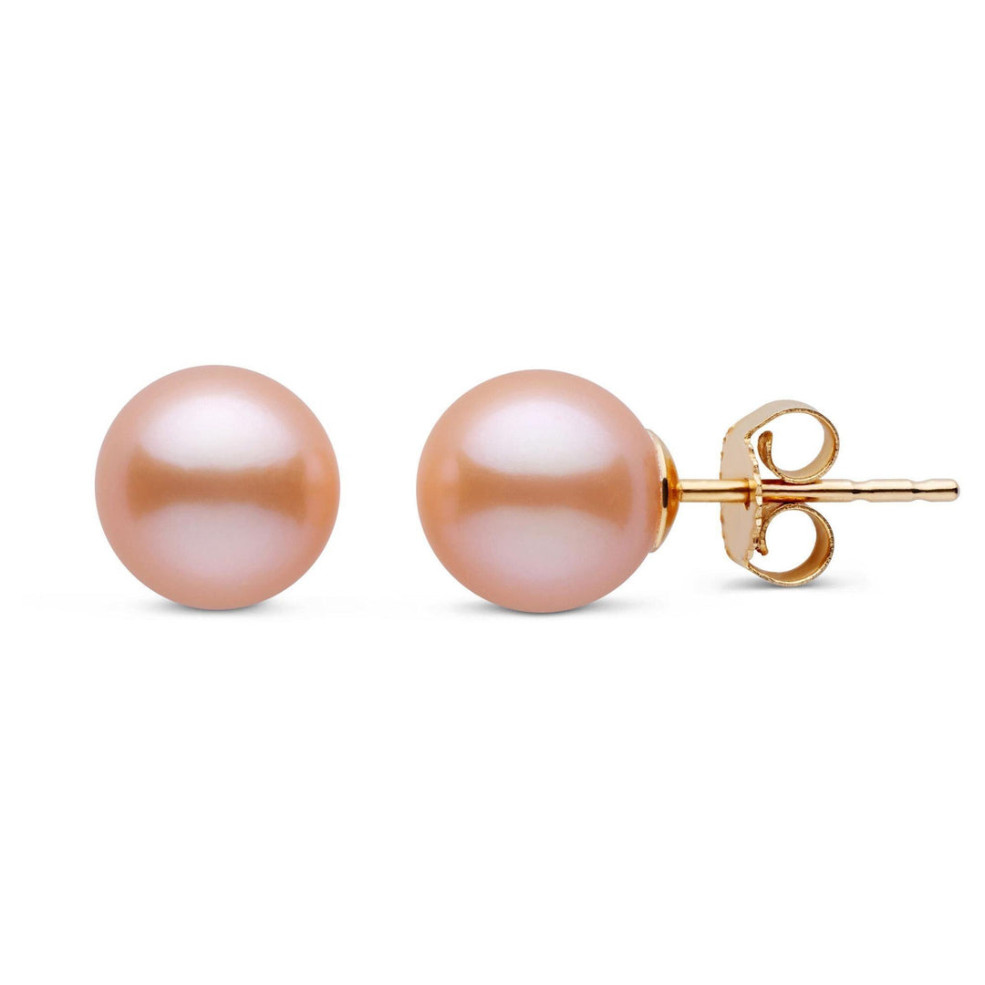 7.5-8.0 mm Pink to Peach Freshadama Freshwater Pearl Stud Earrings yellow gold