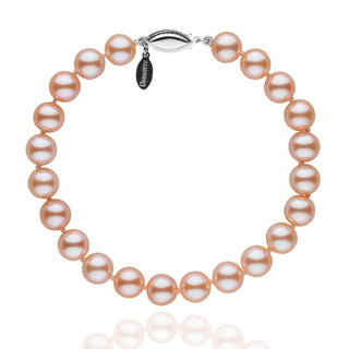 7.5-8.0 mm Pink to Peach Freshadama Pearl Bracelet featuring a single strand of round freshwater pearls with a 14K white gold clasp, showcasing soft pink and peach hues.