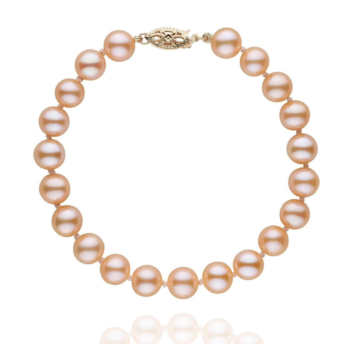 7.5-8.0 mm AAA Pink to Peach Freshwater Pearl Bracelet featuring round, lustrous pearls with a secure gold clasp, perfect for elegant and timeless style.
