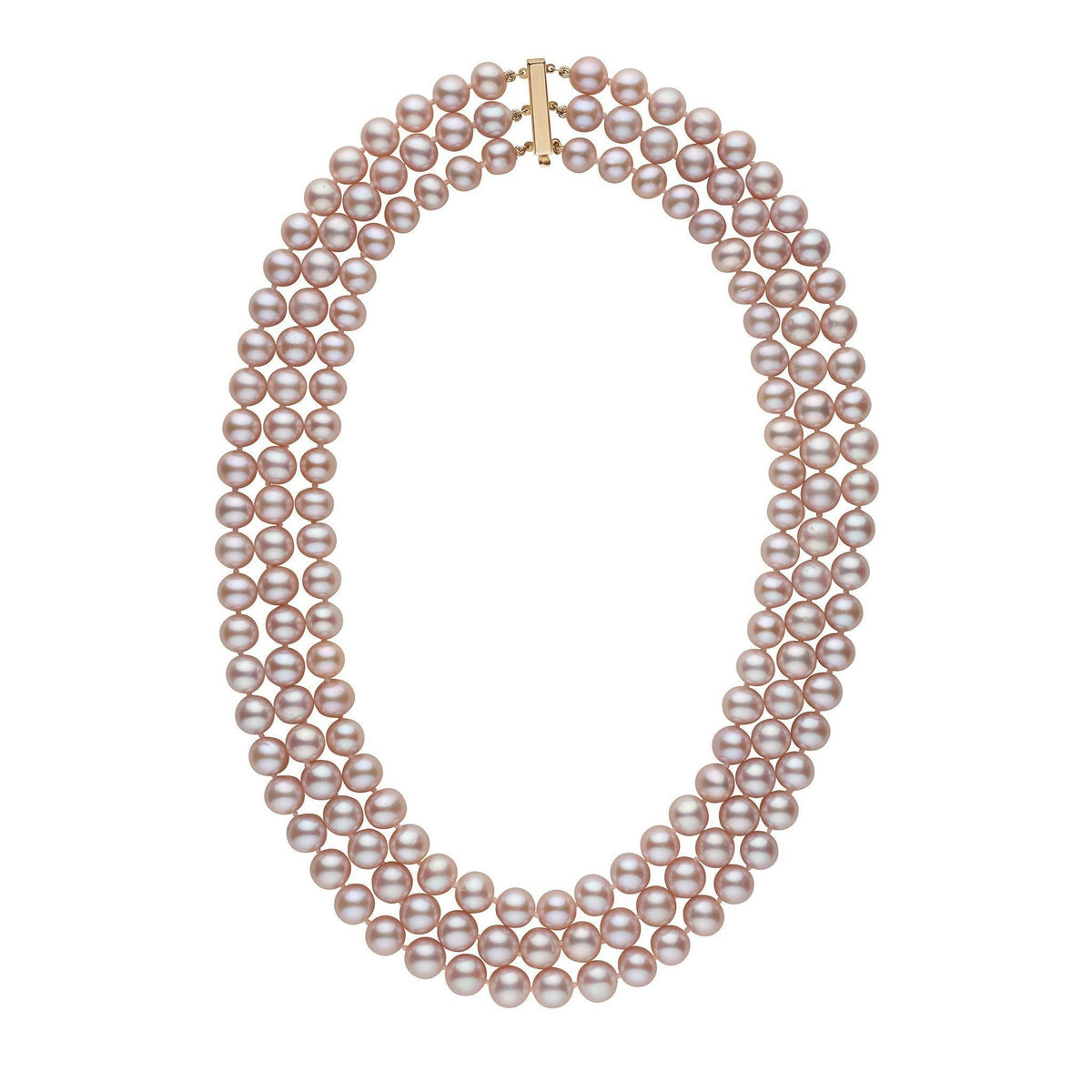7.5-8.0 mm Triple-Strand AA+ Lavender Freshwater Cultured Pearl Necklace featuring three strands of lustrous lavender freshwater pearls with a gold clasp, elegant and timeless design.