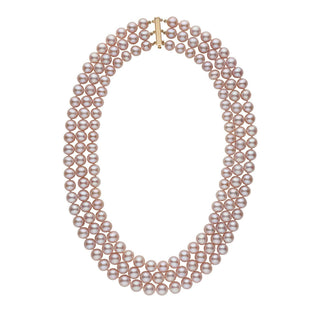 7.5-8.0 mm Triple-Strand AA+ Lavender Freshwater Cultured Pearl Necklace featuring three strands of lustrous lavender freshwater pearls with a gold clasp, elegant and timeless design.