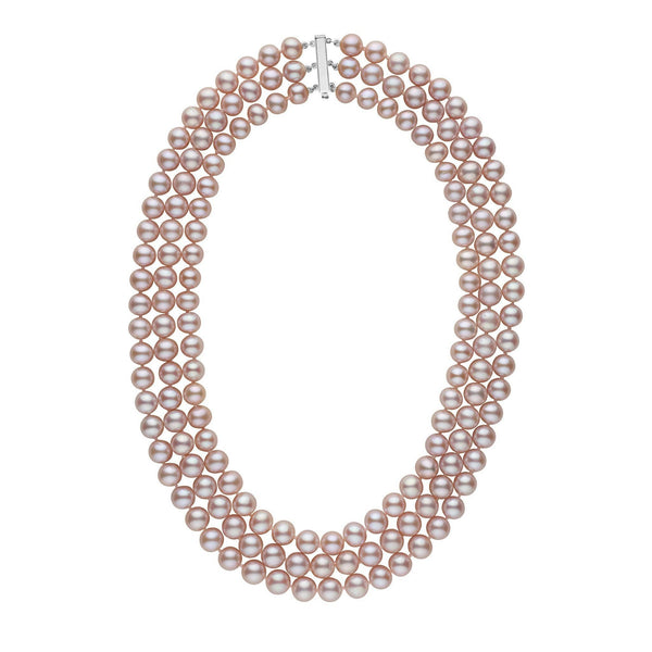 7.5-8.0 mm Triple-Strand AA+ Lavender Freshwater Cultured Pearl Necklace with three elegant strands of round lavender freshwater pearls and a secure clasp, perfect for fine pearl jewelry lovers.