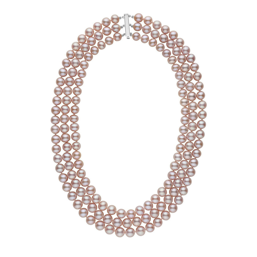 7.5-8.0 mm Triple-Strand AA+ Lavender Freshwater Cultured Pearl Necklace with three elegant strands of round lavender freshwater pearls and a secure clasp, perfect for fine pearl jewelry lovers.