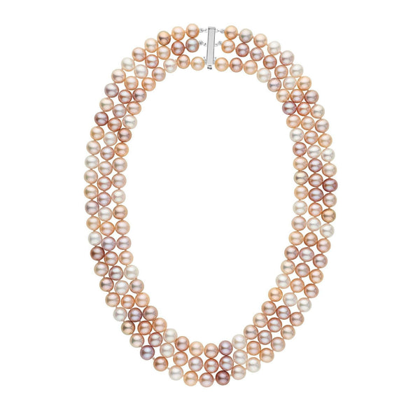 7.5-8.0 mm Triple-Strand AA+ Multicolor Freshwater Pearl Necklace featuring lustrous round pearls in soft shades of white, pink, lavender, and peach with a 14K white gold clasp.