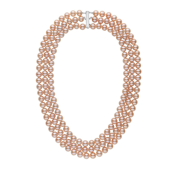 7.5-8.0 mm Triple-Strand AA+ Pink to Peach Freshwater Pearl Necklace featuring lustrous round pearls in varying soft pink and peach tones with a 14K white gold clasp.