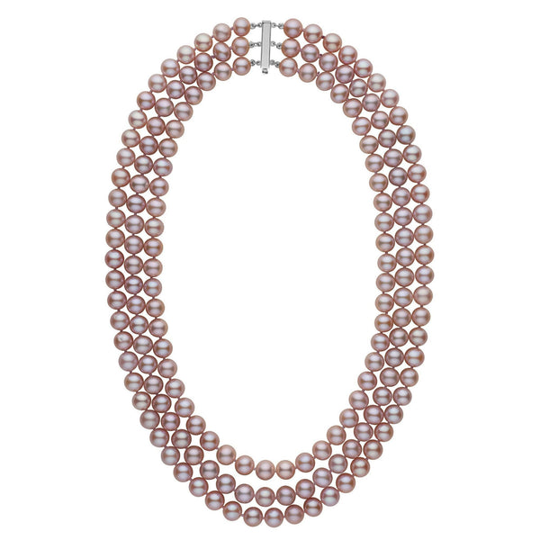 7.5-8.0 mm Triple-Strand AAA Lavender Freshwater Cultured Pearl Necklace featuring three strands of lustrous lavender freshwater pearls with a classic 14K white gold clasp.