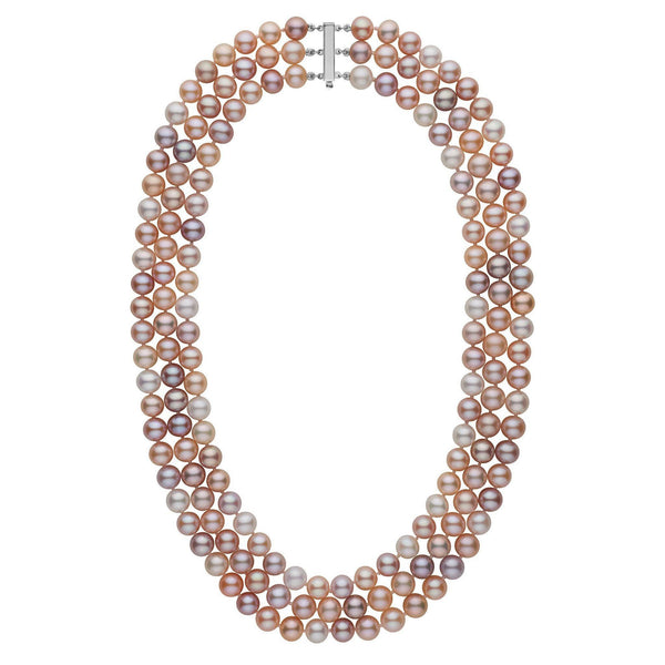 7.5-8.0 mm Triple-Strand AAA Multicolor Freshwater Pearl Necklace displaying lustrous pearls in soft shades of white, pink, lavender, and peach with a classic 14K white gold clasp.
