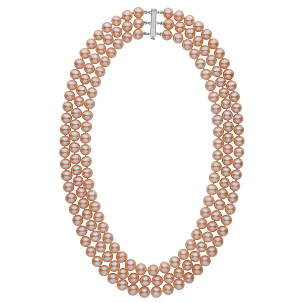 Elegant 7.5-8.0 mm Triple-Strand AAA Pink to Peach Freshwater Pearl Necklace featuring lustrous, soft pink and peach pearls with a secure 14K white gold clasp, perfect for sophisticated occasions.