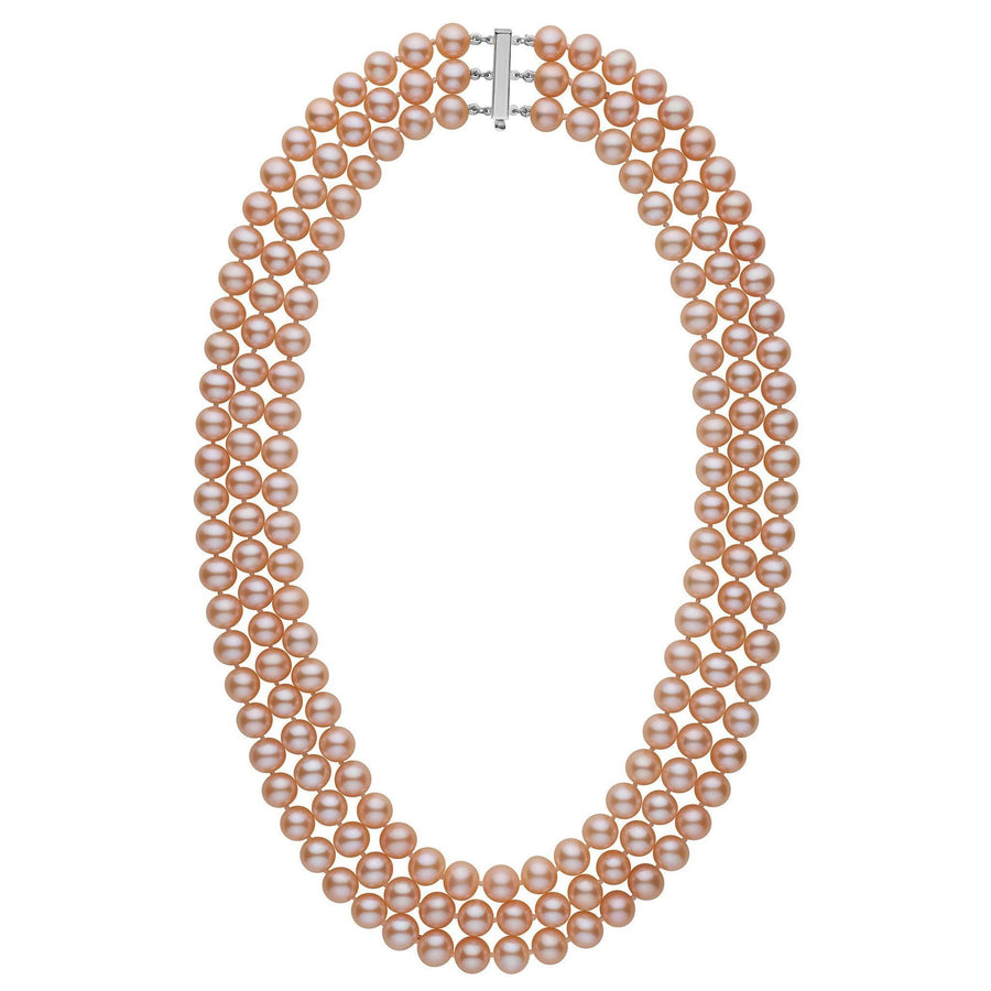 Elegant 7.5-8.0 mm Triple-Strand AAA Pink to Peach Freshwater Pearl Necklace featuring lustrous, soft pink and peach pearls with a secure 14K white gold clasp, perfect for sophisticated occasions.