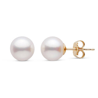 7.5-8.0 mm White Freshadama Freshwater Pearl Stud Earrings with lustrous white pearls set on gold posts, classic and elegant pearl jewelry perfect for everyday wear.