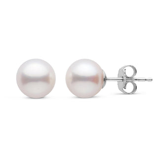 7.5-8.0 mm White Freshadama Freshwater Pearl Stud Earrings with smooth, lustrous white pearls set on 14K white gold posts, perfect for elegant everyday wear or special occasions.