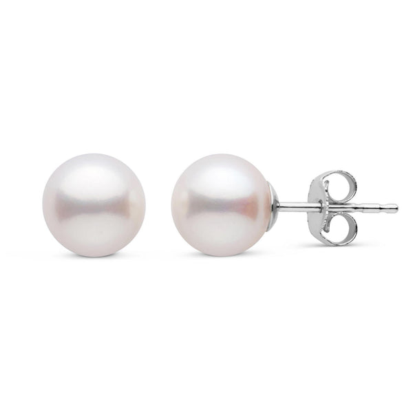 7.5-8.0 mm White Freshadama Freshwater Pearl Stud Earrings with smooth, lustrous white pearls set on 14K white gold posts, perfect for elegant everyday wear or special occasions.