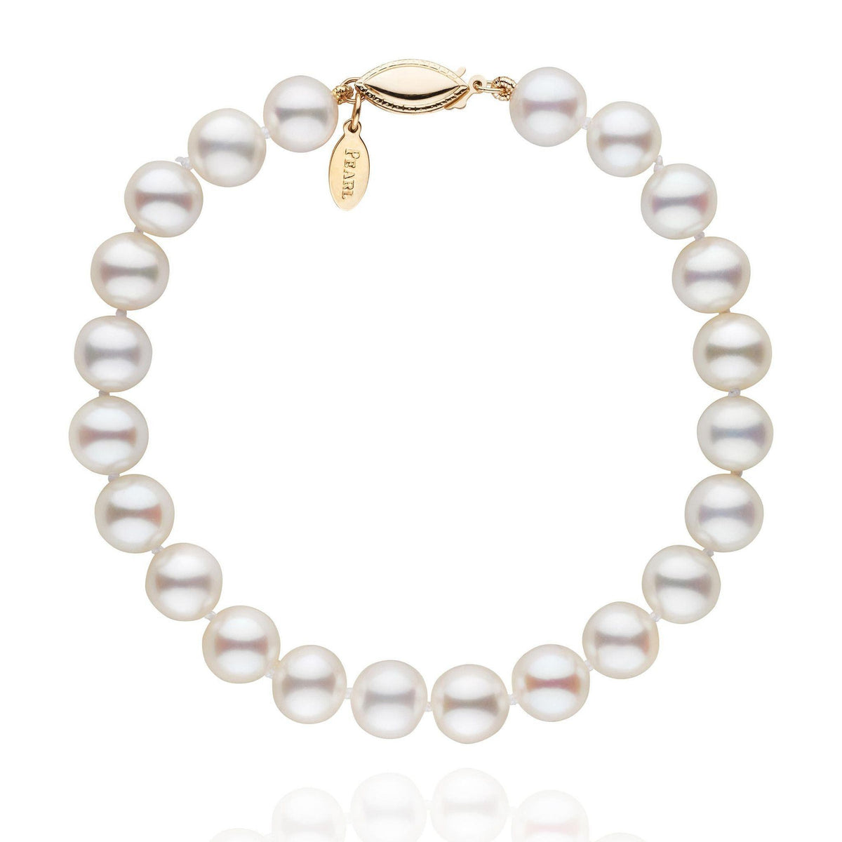 7.5-8.0 mm White Freshadama Pearl Bracelet featuring round white pearls with a gold clasp, showcasing a classic and elegant freshwater pearl design.