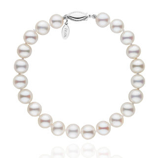7.5-8.0 mm White Freshadama Pearl Bracelet featuring round white freshwater pearls with a 14K white gold clasp, perfect for elegant and timeless style.