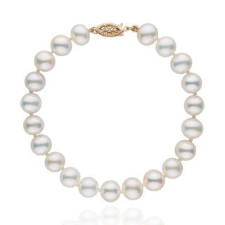 7.5-8.0 mm White Freshwater AA+ Pearl Bracelet made of lustrous round white freshwater pearls with a decorative gold clasp, elegant and timeless jewelry piece.