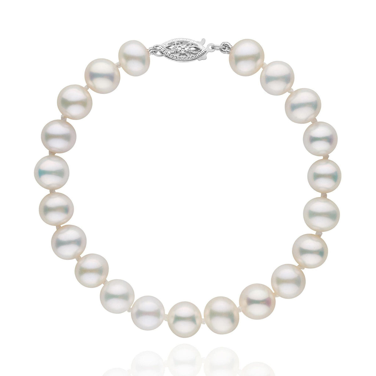 7.5-8.0 mm White Freshwater AA+ Pearl Bracelet featuring lustrous round white pearls with a delicate 14K white gold clasp, elegant and timeless freshwater pearl jewelry piece.