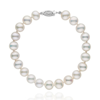 7.5-8.0 mm White Freshwater AA+ Pearl Bracelet featuring lustrous round white pearls with a delicate 14K white gold clasp, elegant and timeless freshwater pearl jewelry piece.