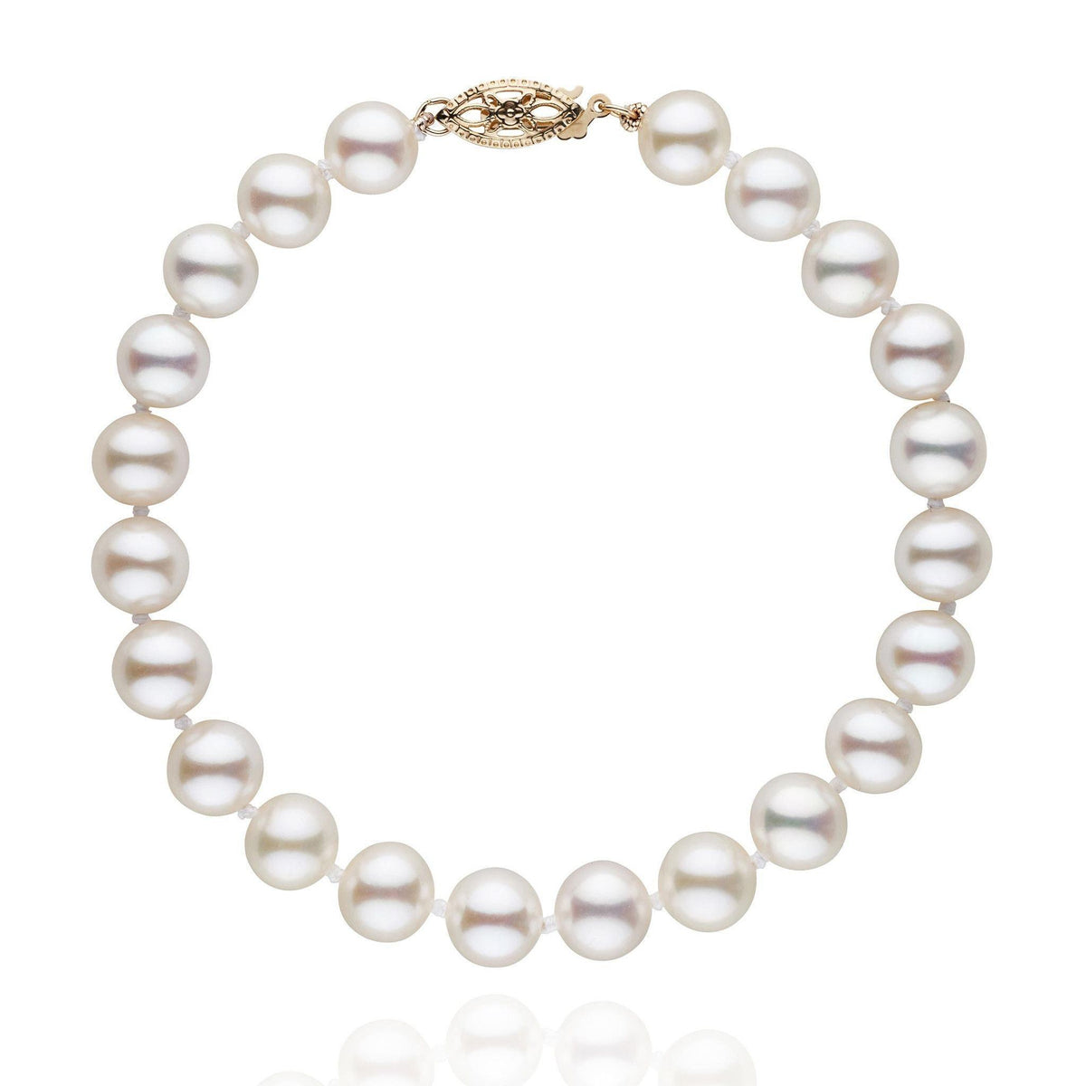 7.5-8.0 mm AAA White Freshwater Pearl Bracelet featuring lustrous, round white pearls with a gold clasp, perfectly arranged in a classic, elegant design.