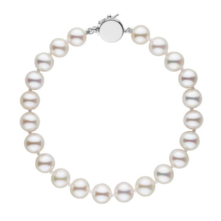 Personalized 7.5-8.0 mm AAA White Freshwater Pearl Circle Clasp Bracelet featuring lustrous round white freshwater pearls and a polished silver circle clasp for secure closure.