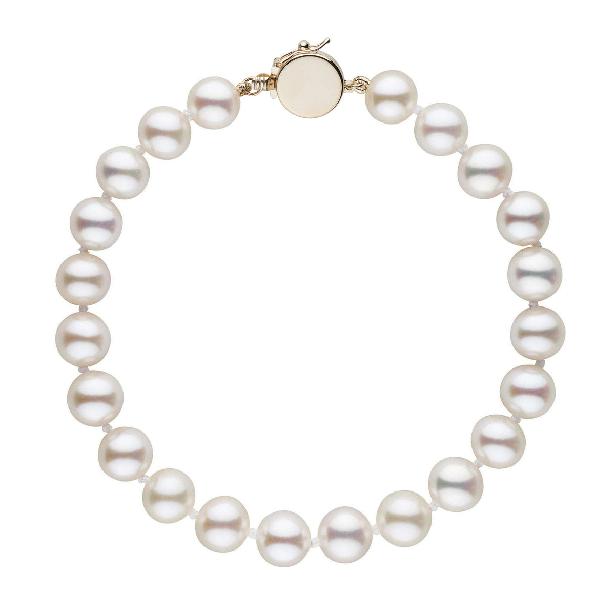 Personalized 7.5-8.0 mm AAA White Freshwater Pearl Circle Clasp Bracelet featuring lustrous round white pearls with a polished circular clasp for elegant wear.