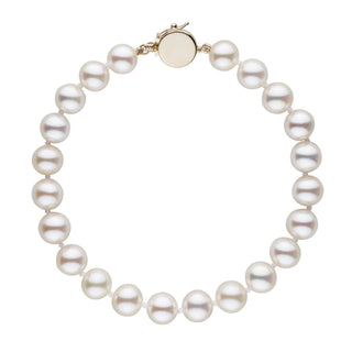 Personalized 7.5-8.0 mm AAA White Freshwater Pearl Circle Clasp Bracelet featuring lustrous round white pearls with a polished circular clasp for elegant wear.