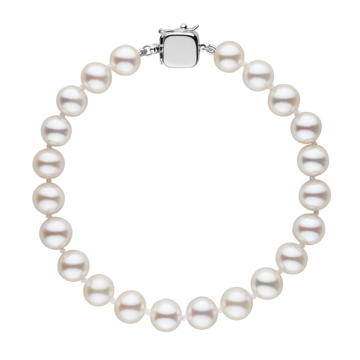 Personalized 7.5-8.0 mm AAA White Freshwater Pearl Square Clasp Bracelet featuring round white freshwater pearls with a polished square clasp, elegant and timeless design.