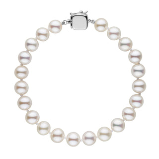 Personalized 7.5-8.0 mm AAA White Freshwater Pearl Square Clasp Bracelet featuring round white freshwater pearls with a polished square clasp, elegant and timeless design.