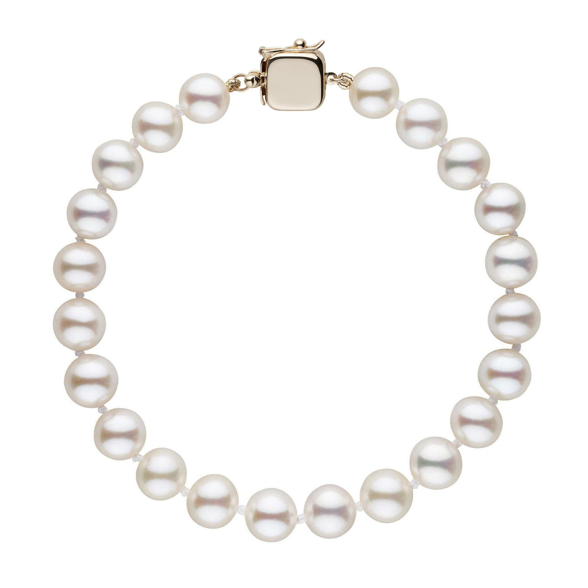 Personalized 7.5-8.0 mm AAA White Freshwater Pearl Square Clasp Bracelet featuring round lustrous white pearls linked by a square gold clasp, elegant and classic pearl bracelet.