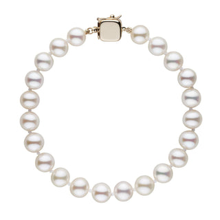 Personalized 7.5-8.0 mm AAA White Freshwater Pearl Square Clasp Bracelet featuring round lustrous white pearls linked by a square gold clasp, elegant and classic pearl bracelet.