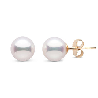 Certified 7.5-8.0 mm White Hanadama Pearl Stud Earrings yellow gold