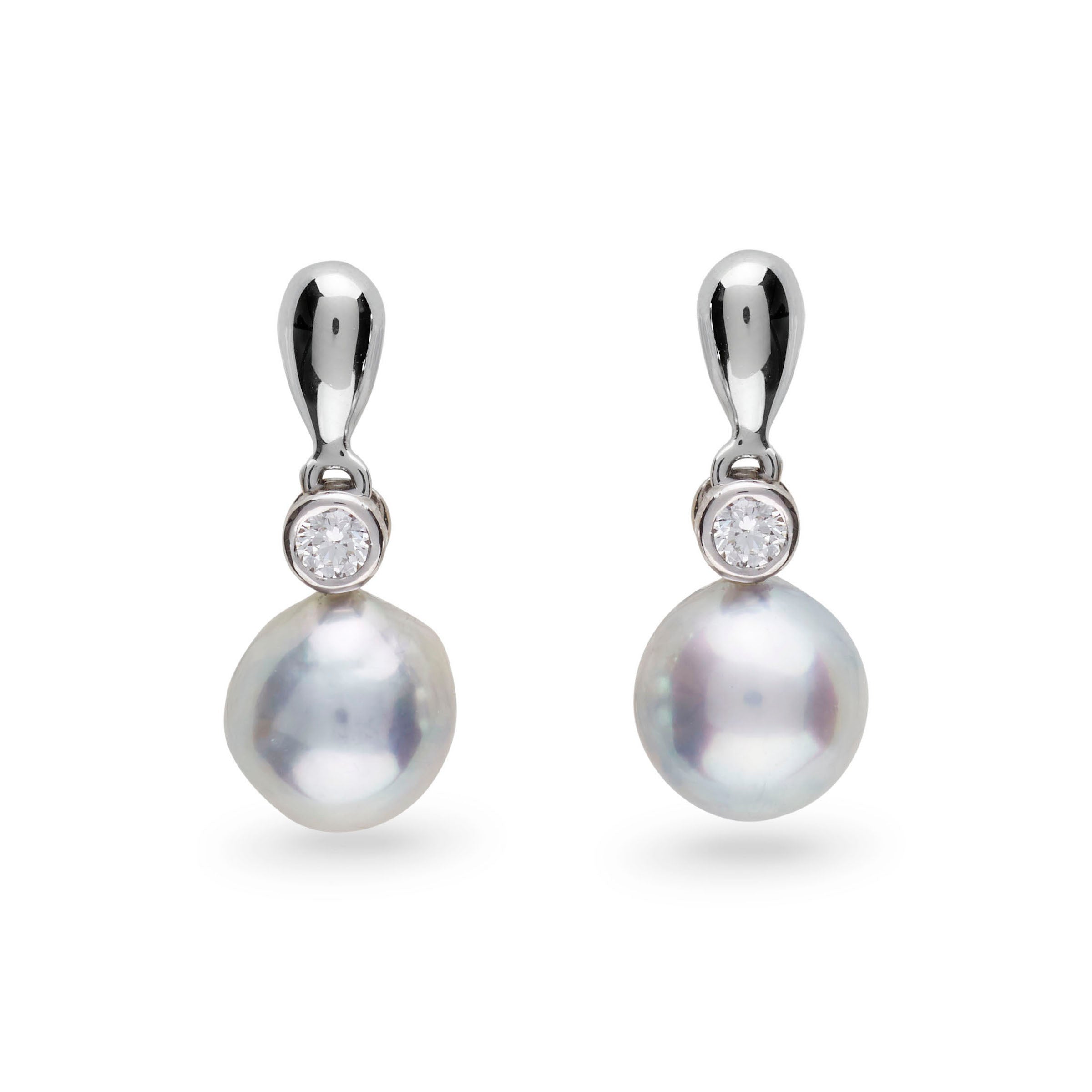 Dew Collection 8.0-9.0 mm Baroque Silver Akoya Pearl and Diamond Earrings white gold
