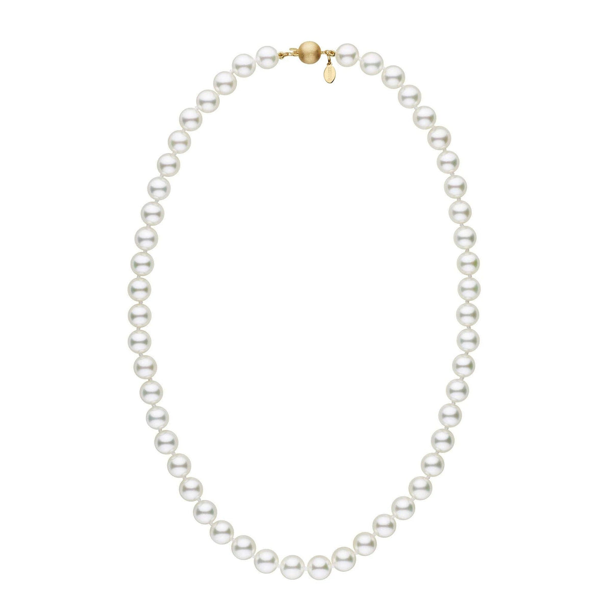 8.0-8.5 mm 18 Inch Natural White Hanadama Akoya Pearl Necklace featuring a classic strand of lustrous white akoya pearls with a gold clasp, elegant and timeless jewelry piece.