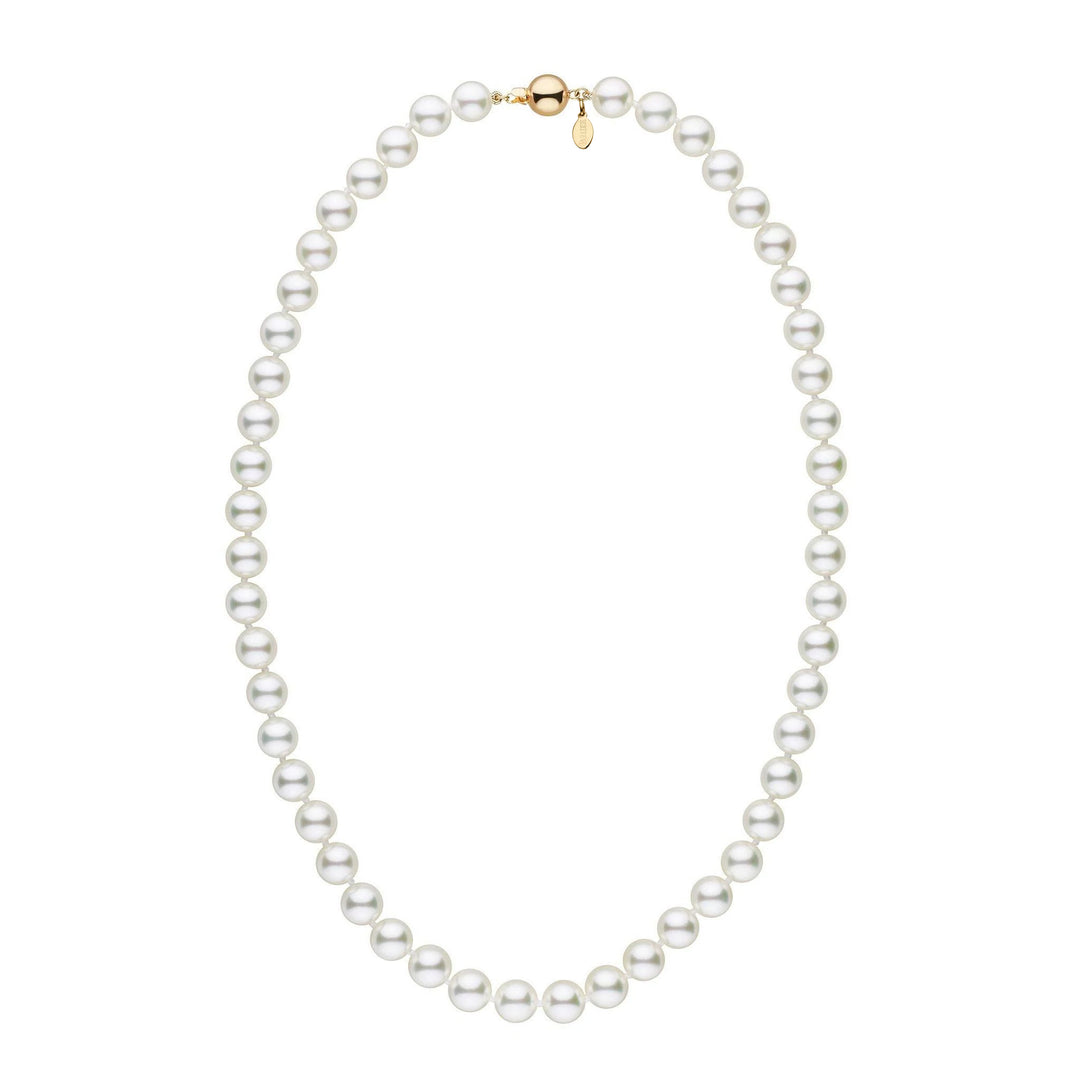 Certified 8.0-8.5 mm 18 Inch Natural White Hanadama Akoya Pearl Necklace Yellow gold polished ball clasp