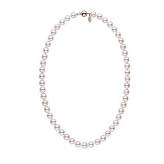 Lab Certified 8.0-8.5 mm 18 inch White Hanadama Akoya Pearl Necklace yellow gold polished ball clasp