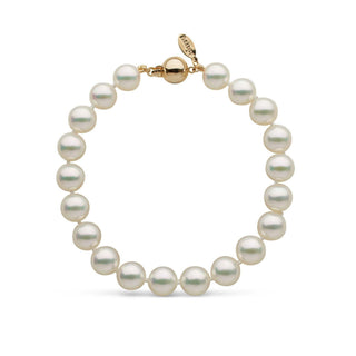Lab Certified 8.0-8.5 mm Natural White Hanadama Akoya Pearl Bracelet Yellow Gold
