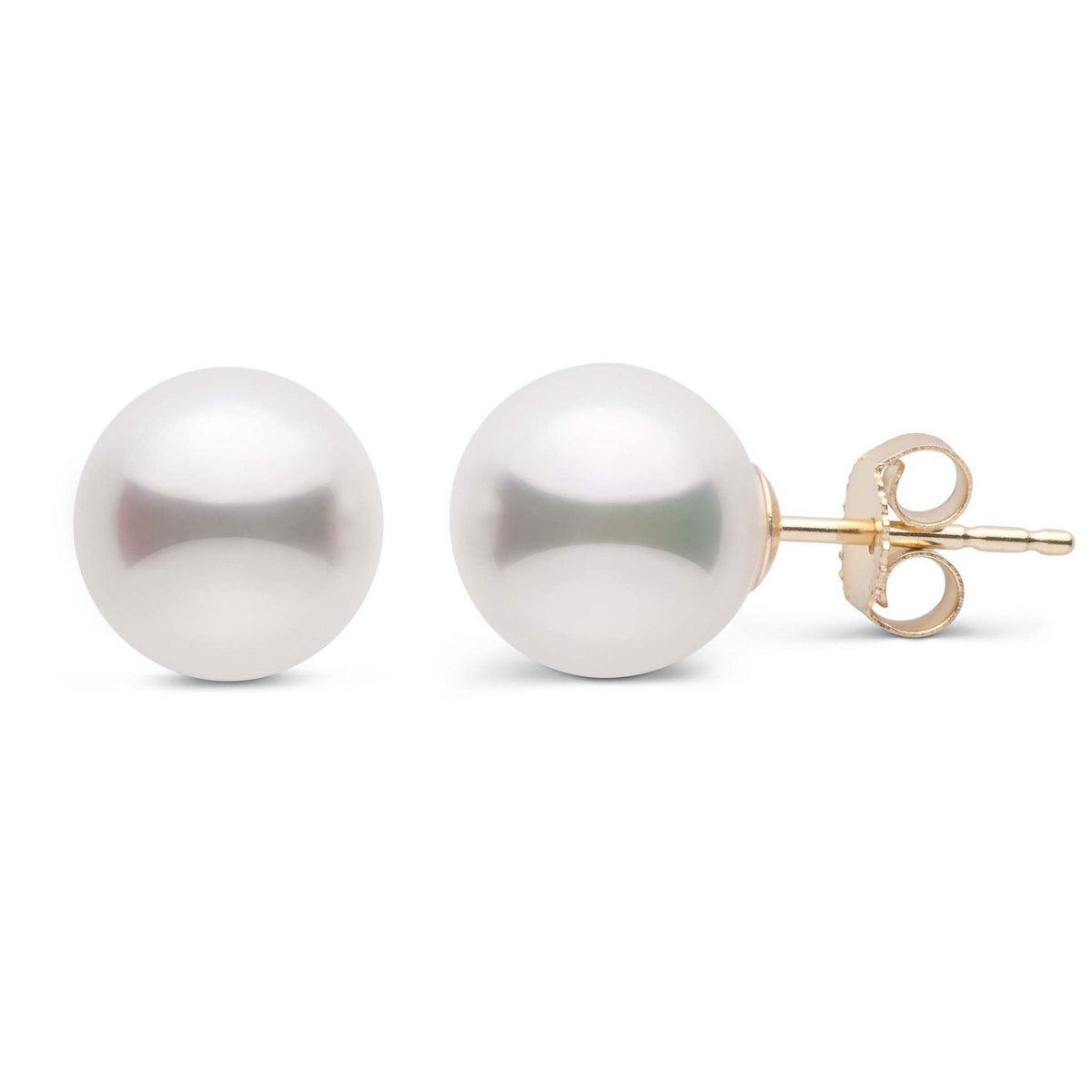 8.0-8.5 mm White Akoya AA+ Pearl Stud Earrings featuring lustrous white akoya pearls set on gold posts, perfect for classic elegance and timeless style.