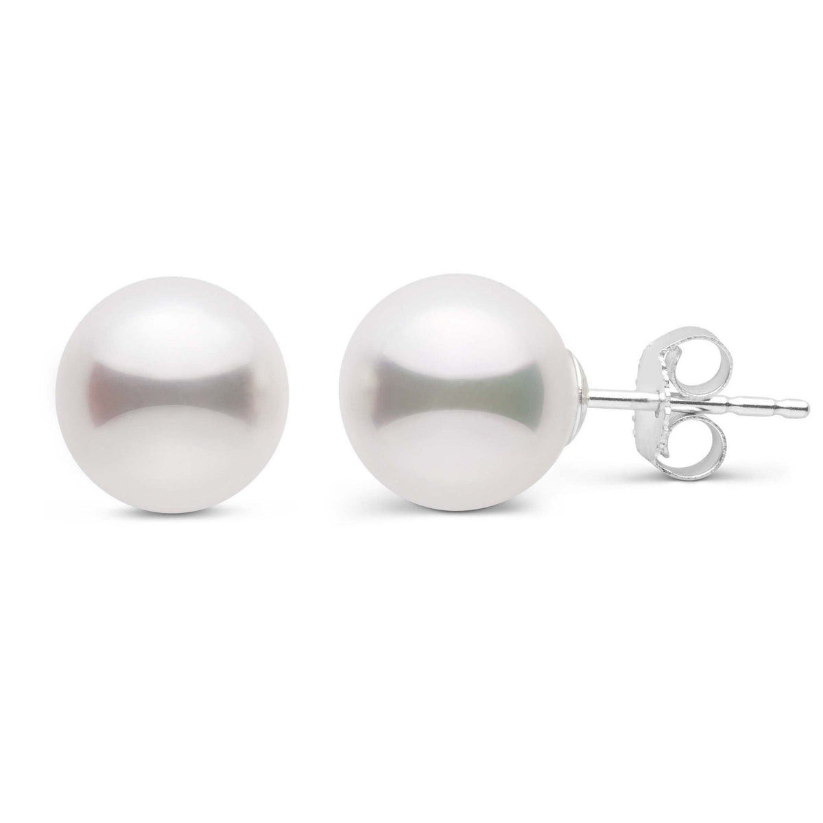 8.0-8.5 mm White Akoya AA+ Pearl Stud Earrings featuring high-quality round white akoya pearls with 14K white gold post backings for elegant and timeless style.