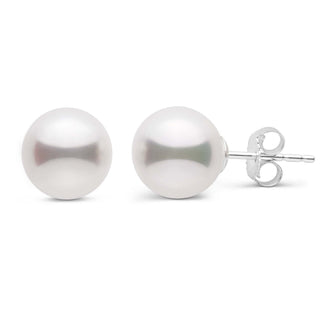 8.0-8.5 mm White Akoya AA+ Pearl Stud Earrings featuring high-quality round white akoya pearls with 14K white gold post backings for elegant and timeless style.