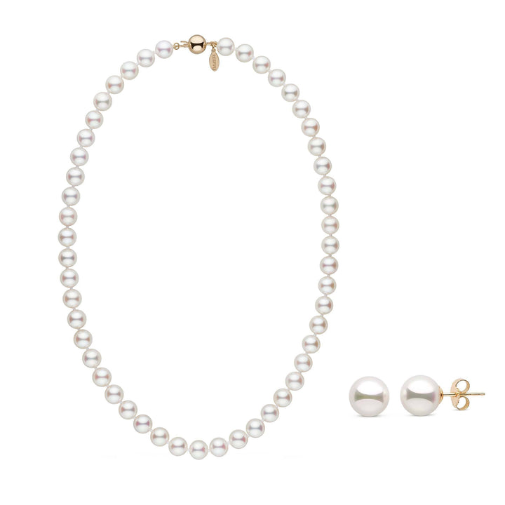 Certified 8.0-8.5 mm White Hanadama Akoya Pearl Set necklace and earrings in yellow gold