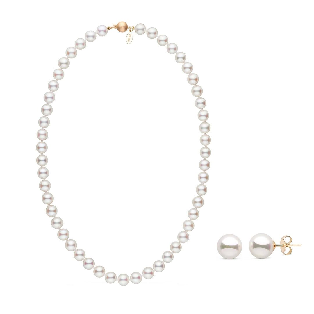 Certified 8.0-8.5 mm White Hanadama Akoya Pearl Set necklace and earrings in white gold
