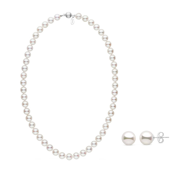 Certified 8.0-8.5 mm White Hanadama Akoya Pearl Set necklace and earrings in matte white gold