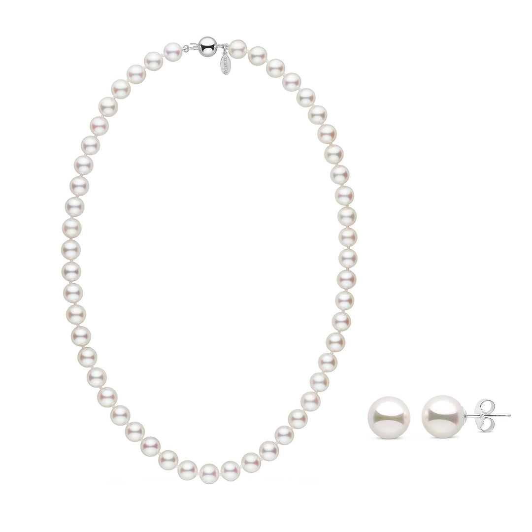 Certified 8.0-8.5 mm White Hanadama Akoya Pearl Set necklace and earrings in polished white gold
