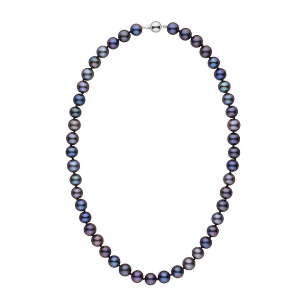 Close-up of an elegant 8.5-9.0 mm AA+ Black Freshwater Pearl Necklace featuring deep iridescent black pearls with hints of blue and purple tones, strung in a classic style.
